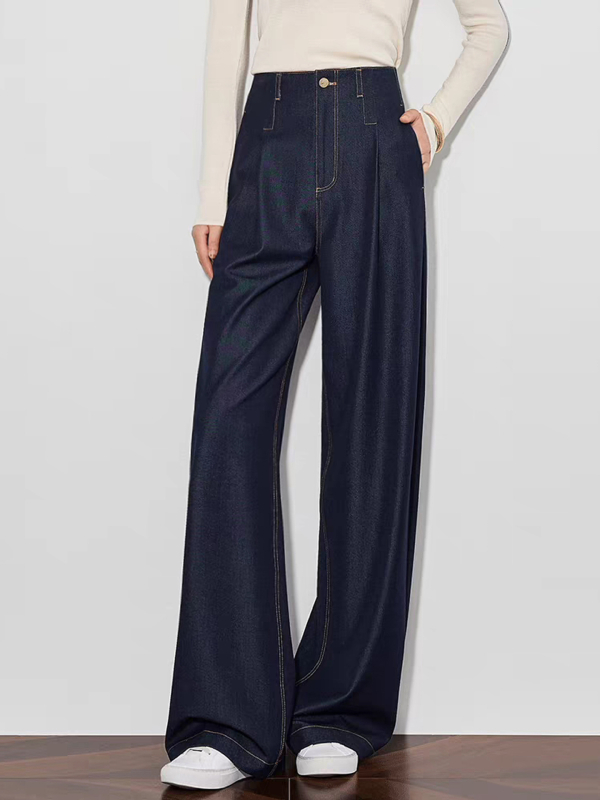 Ženske hlače s visokim strukom i širokim krojem, drapirana silueta, vidljive šavove, retro denim plava, mekan denim, 25766
