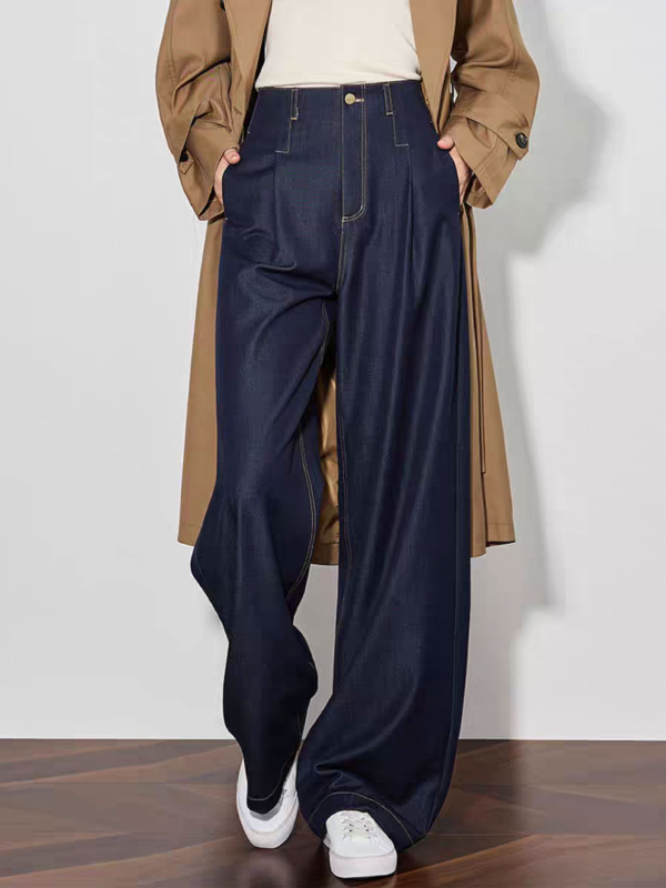 Ženske hlače s visokim strukom i širokim krojem, drapirana silueta, vidljive šavove, retro denim plava, mekan denim, 25766