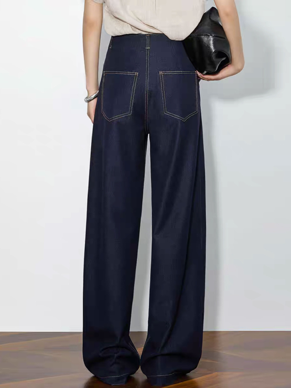 Ženske hlače s visokim strukom i širokim krojem, drapirana silueta, vidljive šavove, retro denim plava, mekan denim, 25766
