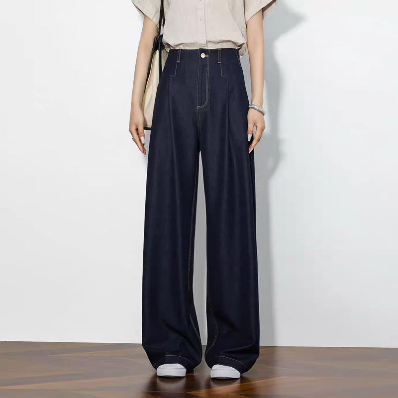 Ženske hlače s visokim strukom i širokim krojem, drapirana silueta, vidljive šavove, retro denim plava, mekan denim, 25766