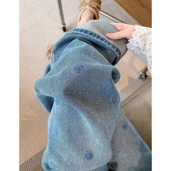 Plave ženske džinsice s izšivanjem i rhinestones, proljeće, veće veličine, visok pojas, vitka silueta, široke i ravne nogavice
