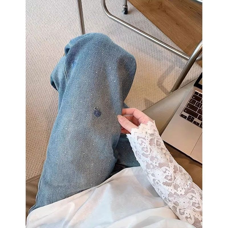Plave ženske džinsice s izšivanjem i rhinestones, proljeće, veće veličine, visok pojas, vitka silueta, široke i ravne nogavice