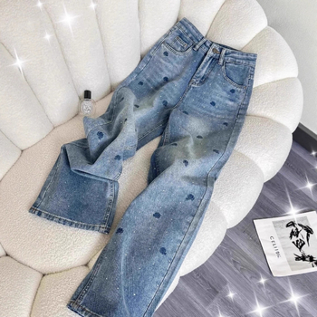 Ženske traperice s rhinestone-šivanjem od denima, visokim strukom, straight krojem, proljetno-jesenski casual stil