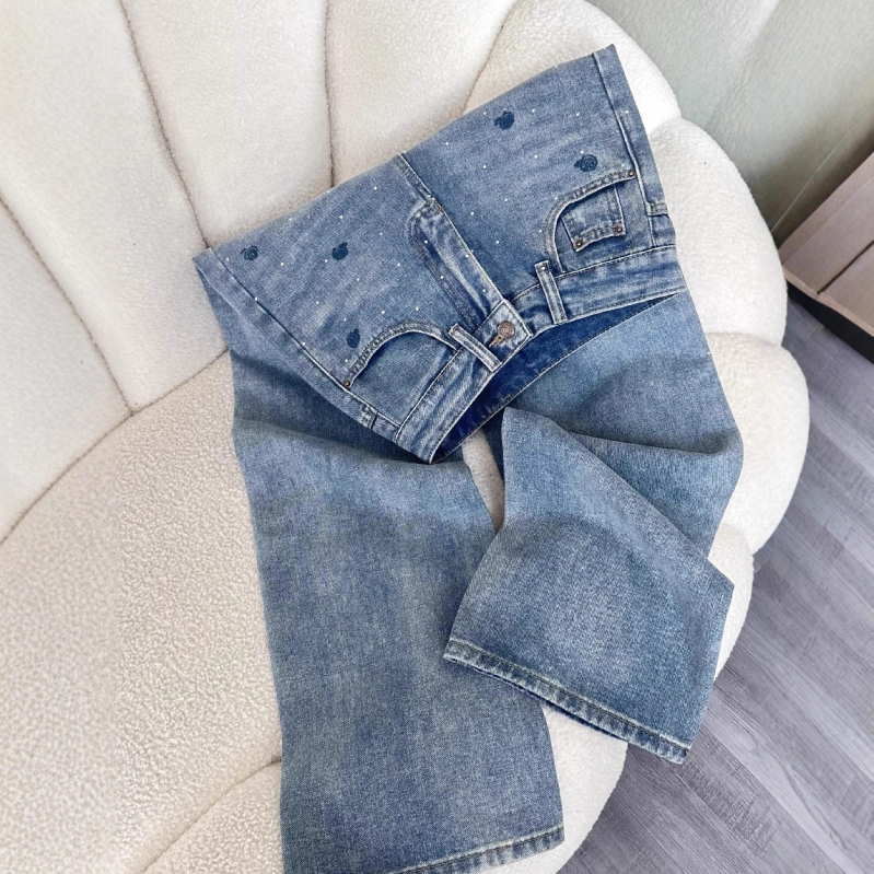 Ženske traperice s rhinestone-šivanjem od denima, visokim strukom, straight krojem, proljetno-jesenski casual stil