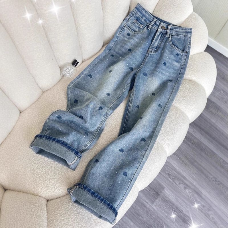 Ženske traperice s rhinestone-šivanjem od denima, visokim strukom, straight krojem, proljetno-jesenski casual stil