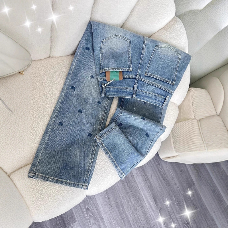 Ženske traperice s rhinestone-šivanjem od denima, visokim strukom, straight krojem, proljetno-jesenski casual stil
