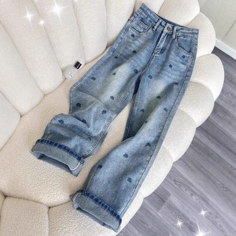 Ženske traperice s rhinestone-šivanjem od denima, visokim strukom, straight krojem, proljetno-jesenski casual stil