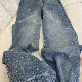 Petite ženske hlače od denima, visoki pas, slobodna široka i ravna linija, do poda, s rhinestones