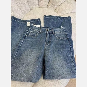 Petite ženske hlače od denima, visoki pas, slobodna široka i ravna linija, do poda, s rhinestones