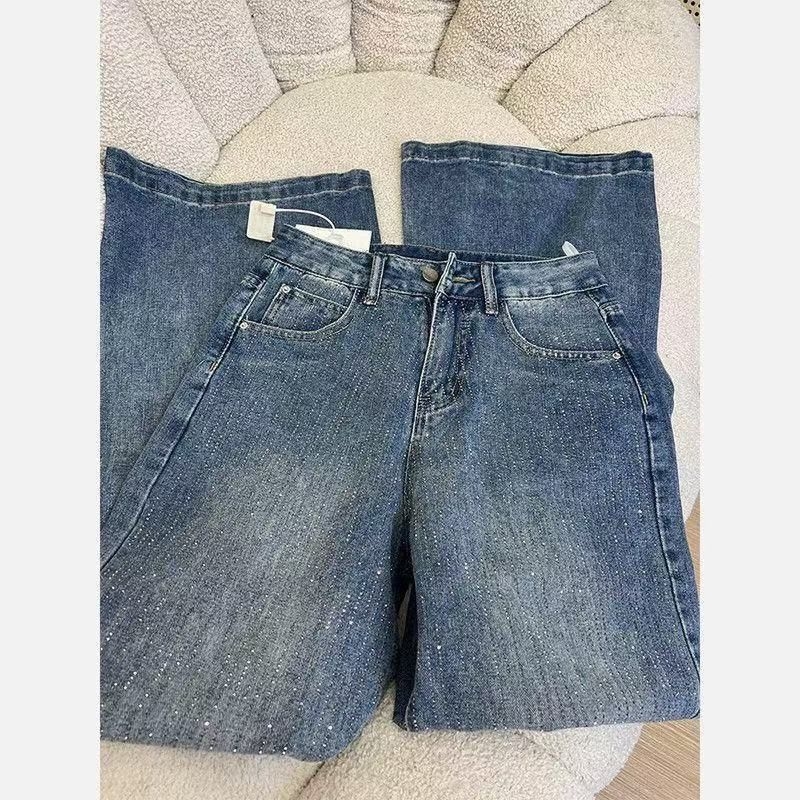 Petite ženske hlače od denima, visoki pas, slobodna široka i ravna linija, do poda, s rhinestones