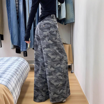 Ženske traperice američkog stila, udobne široke nogavice, jesenji retro visokog struka, straight kroj, maskirne radne hlače za siluetu kruškastog oblika