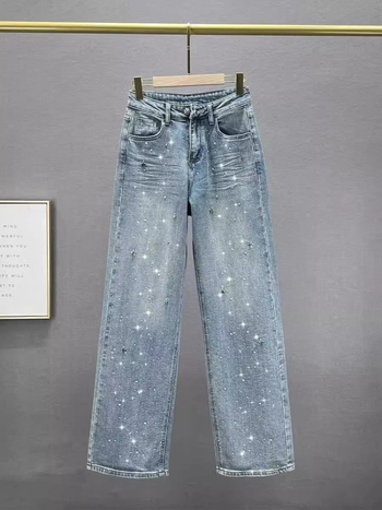 Ženske traperice s zvjezdanim kristalima, ravne nogavice, visokim strukom, opuštena silueta, široke nogavice, ispran denim