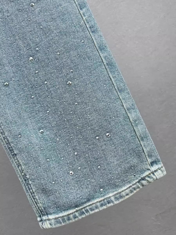 Ženske traperice s zvjezdanim kristalima, ravne nogavice, visokim strukom, opuštena silueta, široke nogavice, ispran denim