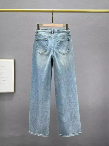 Ženske traperice s zvjezdanim kristalima, ravne nogavice, visokim strukom, opuštena silueta, široke nogavice, ispran denim