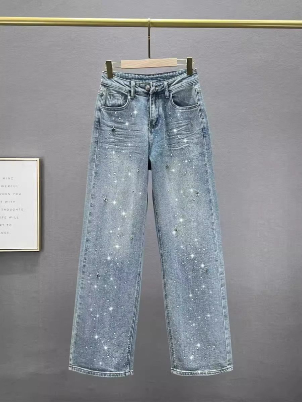 Ženske traperice s zvjezdanim kristalima, ravne nogavice, visokim strukom, opuštena silueta, široke nogavice, ispran denim