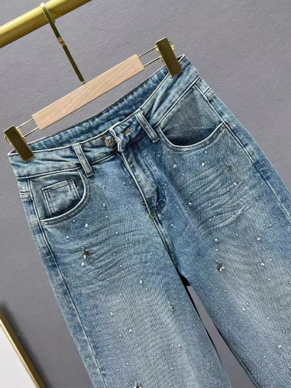 Ženske traperice s zvjezdanim kristalima, ravne nogavice, visokim strukom, opuštena silueta, široke nogavice, ispran denim