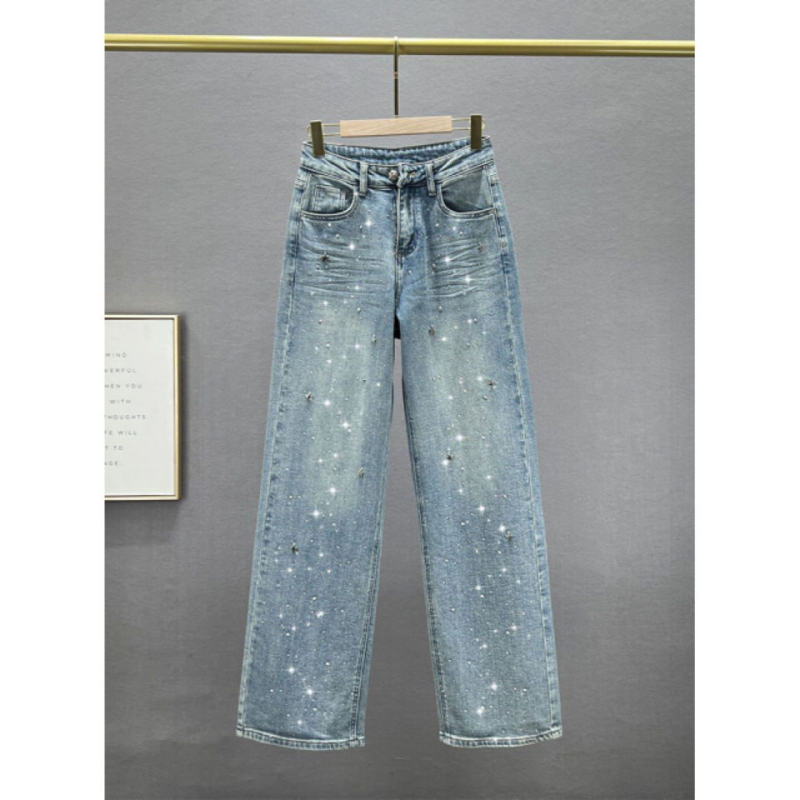 Ženske traperice s zvjezdanim kristalima, ravne nogavice, visokim strukom, opuštena silueta, široke nogavice, ispran denim