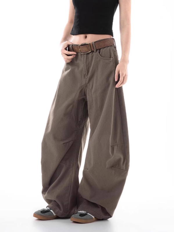 Ženske traperice kave boje, visokim strukom, širokih nogavica, američki retro stil
