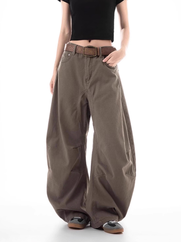 Ženske traperice kave boje, visokim strukom, širokih nogavica, američki retro stil