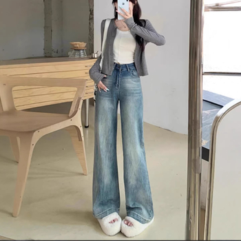 Ženske traperice ravnog kroja, opuštene, visokim strukom, laskava silueta, široke nogavice, duljina do poda, za sitnije osobe, denim