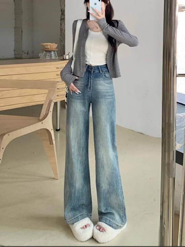 Ženske traperice ravnog kroja, opuštene, visokim strukom, laskava silueta, široke nogavice, duljina do poda, za sitnije osobe, denim