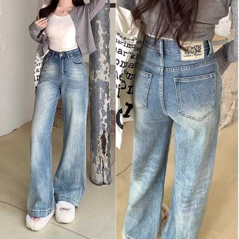Ženske traperice ravnog kroja, opuštene, visokim strukom, laskava silueta, široke nogavice, duljina do poda, za sitnije osobe, denim