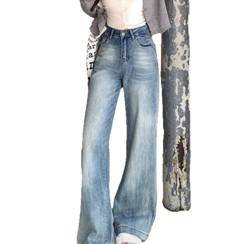 Ženske traperice ravnog kroja, opuštene, visokim strukom, laskava silueta, široke nogavice, duljina do poda, za sitnije osobe, denim