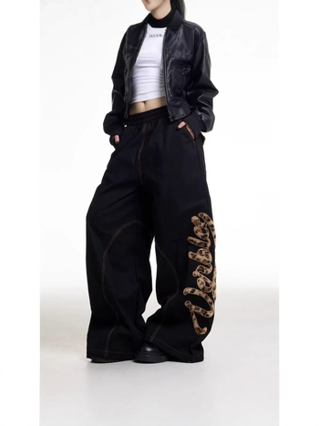 Ženske traperice denim s leopard printom i patchworkom, američki retro stil, široke nogavice, duge pantalone
