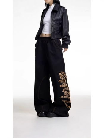 Ženske traperice denim s leopard printom i patchworkom, američki retro stil, široke nogavice, duge pantalone