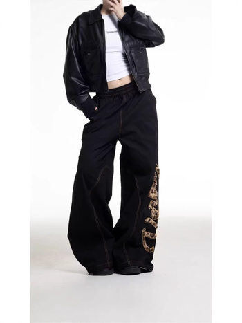 Ženske traperice denim s leopard printom i patchworkom, američki retro stil, široke nogavice, duge pantalone