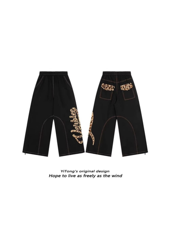 Ženske traperice denim s leopard printom i patchworkom, američki retro stil, široke nogavice, duge pantalone