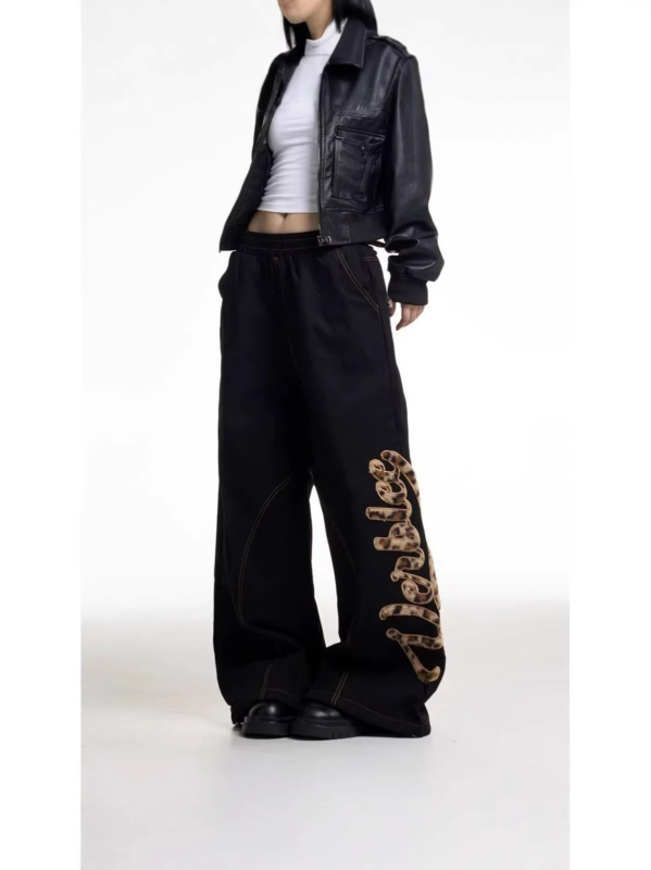 Ženske traperice denim s leopard printom i patchworkom, američki retro stil, široke nogavice, duge pantalone
