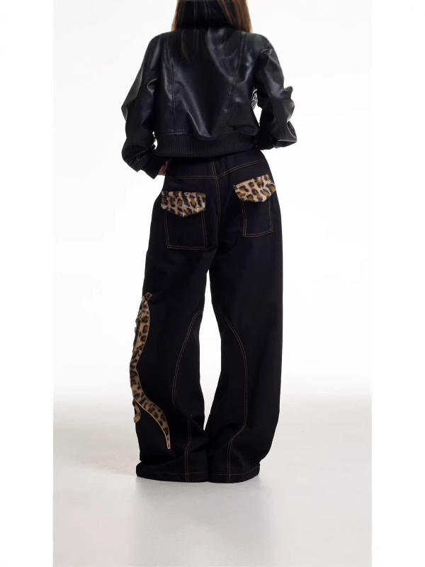 Ženske traperice denim s leopard printom i patchworkom, američki retro stil, široke nogavice, duge pantalone