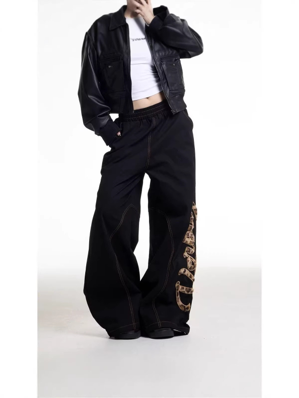 Ženske traperice denim s leopard printom i patchworkom, američki retro stil, široke nogavice, duge pantalone
