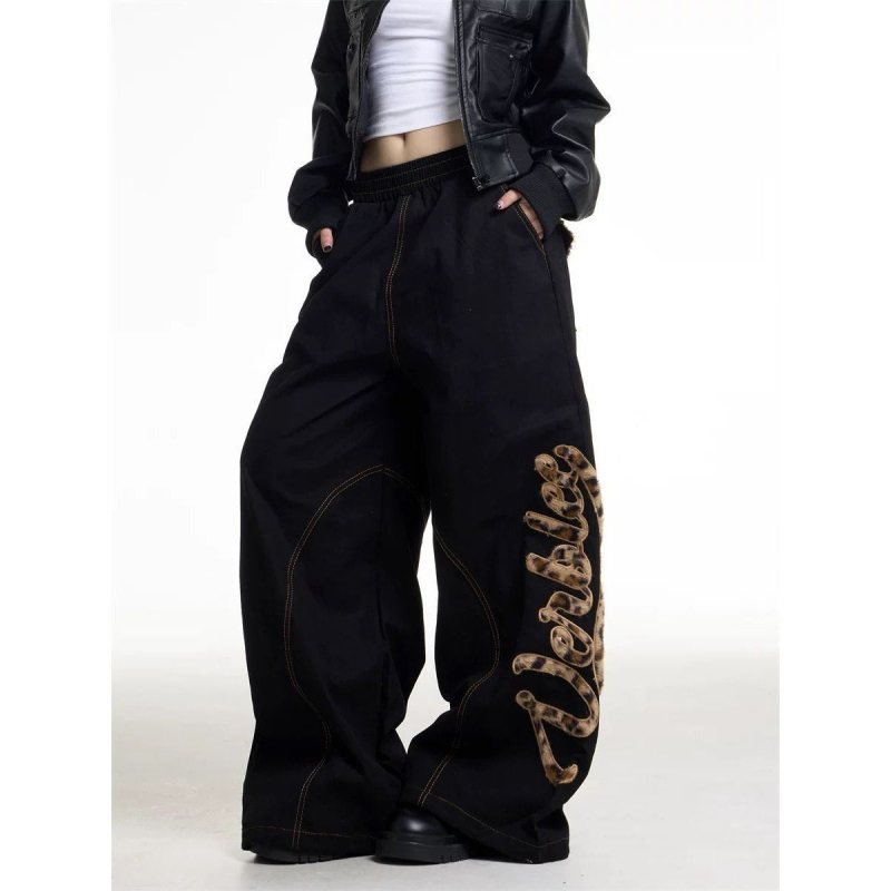 Ženske traperice denim s leopard printom i patchworkom, američki retro stil, široke nogavice, duge pantalone