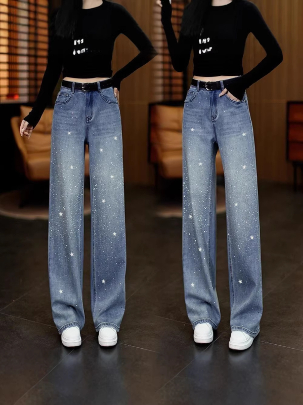 Damske traperice s kristalima za velike veličine, denim, 2026 trend niša, opuštena silueta, široke nogavice