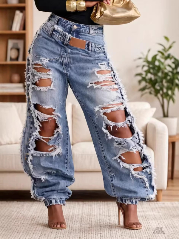 Traperice s visokim strukom i poderotinama, jogger stil, streetwear inspiriran blogerom