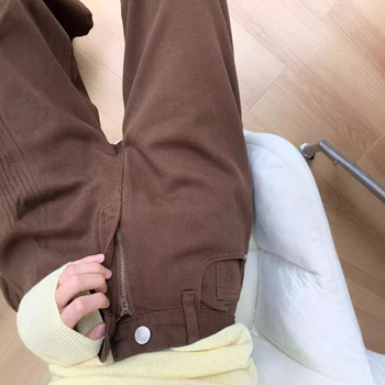 HanNiu Ženske hlače visokog struka, američki retro kava denim, duljina do poda, ravni kroj, opuštena silueta