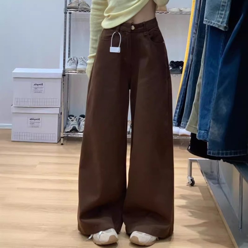 HanNiu Ženske hlače visokog struka, američki retro kava denim, duljina do poda, ravni kroj, opuštena silueta