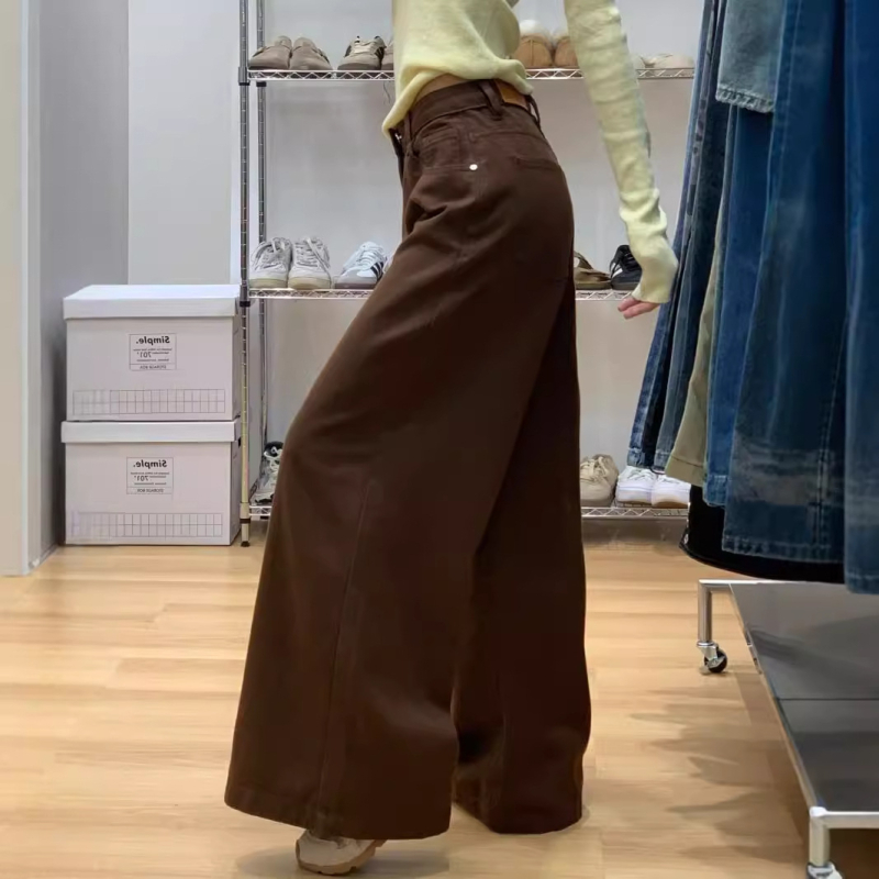 HanNiu Ženske hlače visokog struka, američki retro kava denim, duljina do poda, ravni kroj, opuštena silueta