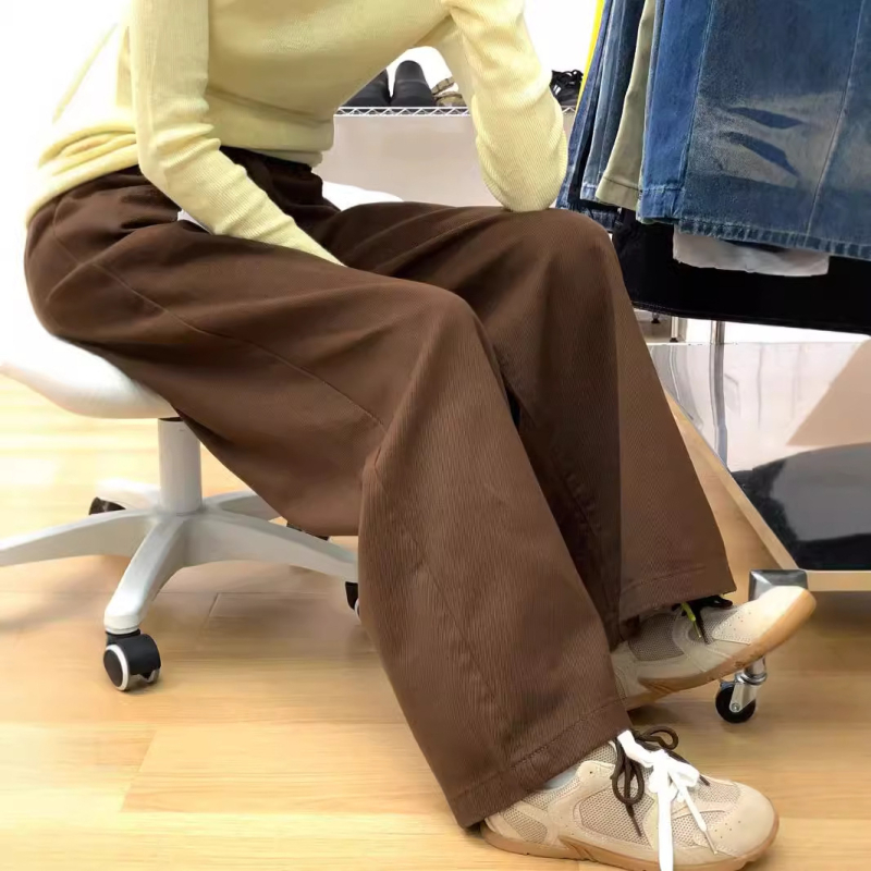 HanNiu Ženske hlače visokog struka, američki retro kava denim, duljina do poda, ravni kroj, opuštena silueta