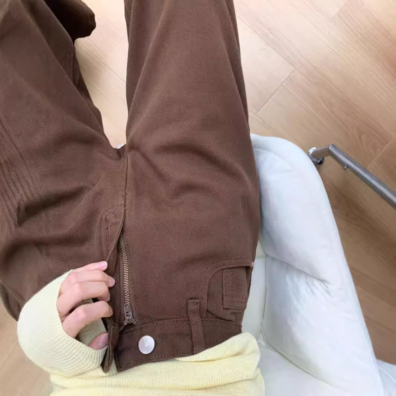 HanNiu Ženske hlače visokog struka, američki retro kava denim, duljina do poda, ravni kroj, opuštena silueta