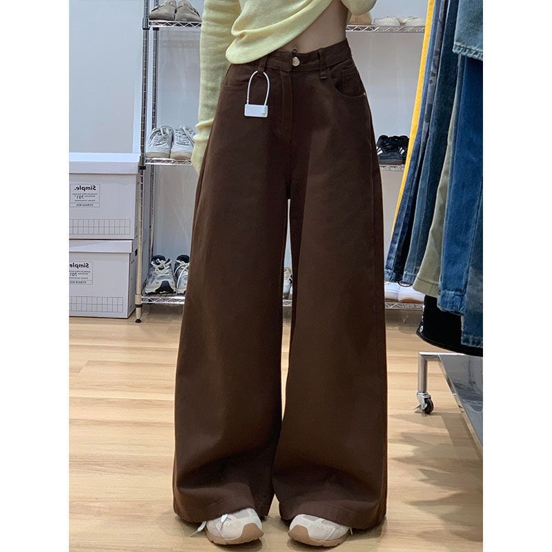 HanNiu Ženske hlače visokog struka, američki retro kava denim, duljina do poda, ravni kroj, opuštena silueta