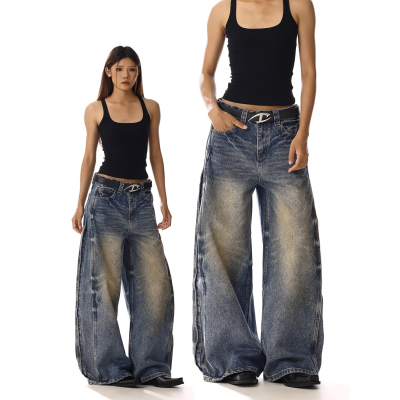 Ženske hlače traperice u američkom retro stilu, visokim strukom, širokim krojem, vitka silueta, dužina do poda, casual gradski stil.