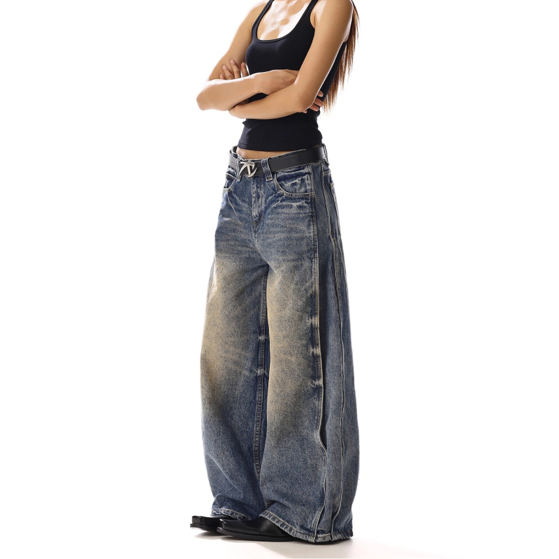 Ženske hlače traperice u američkom retro stilu, visokim strukom, širokim krojem, vitka silueta, dužina do poda, casual gradski stil.