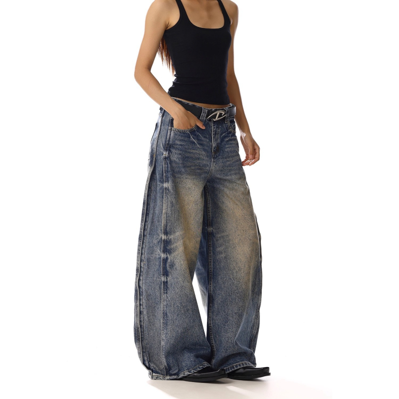 Ženske hlače traperice u američkom retro stilu, visokim strukom, širokim krojem, vitka silueta, dužina do poda, casual gradski stil.