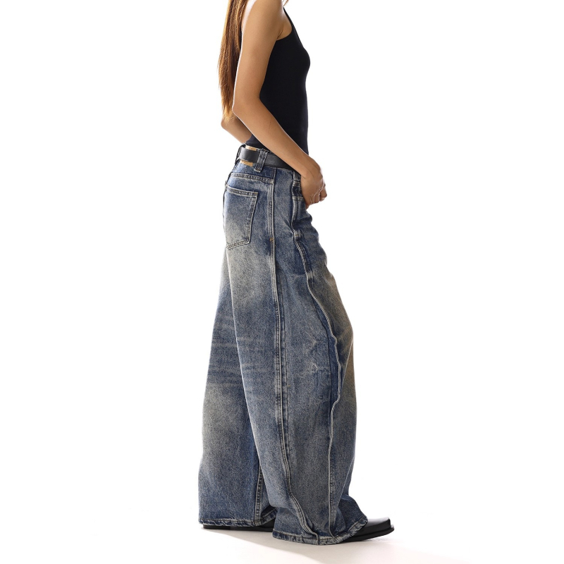 Ženske hlače traperice u američkom retro stilu, visokim strukom, širokim krojem, vitka silueta, dužina do poda, casual gradski stil.