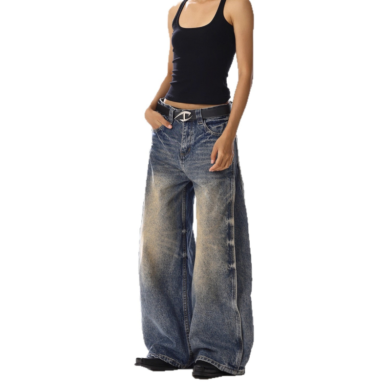 Ženske hlače traperice u američkom retro stilu, visokim strukom, širokim krojem, vitka silueta, dužina do poda, casual gradski stil.