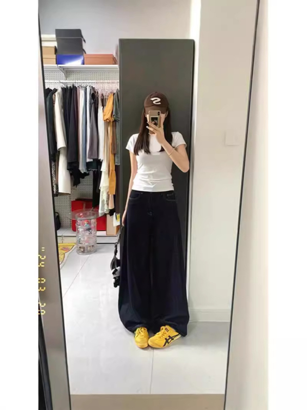 Traperice visokog struka, širokih nogavica, drapirane do poda, denim, 2026 proljeće-jesen, američki retro stil, slobodna silueta