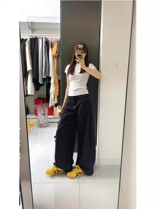 Traperice visokog struka, širokih nogavica, drapirane do poda, denim, 2026 proljeće-jesen, američki retro stil, slobodna silueta